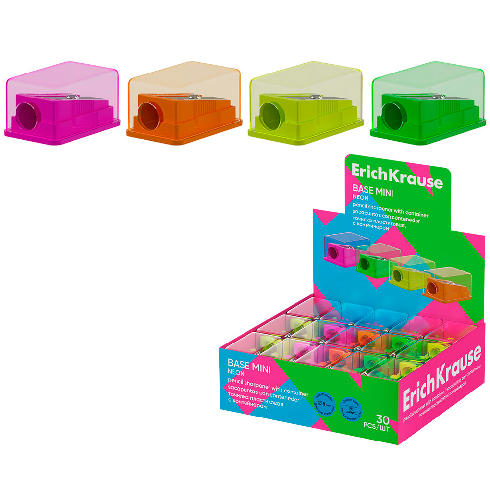 Точилка пластик Base Mini, Neon, с контейнером ассорти 60077 ErichKrause Точилка пластик Base Mini, Neon, с контейнером ассорти 60077 ErichKrause