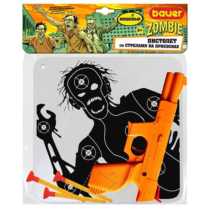 Пистолет Bauer 734 большой с мишенью со стрелами на присосках Охотник на зомби