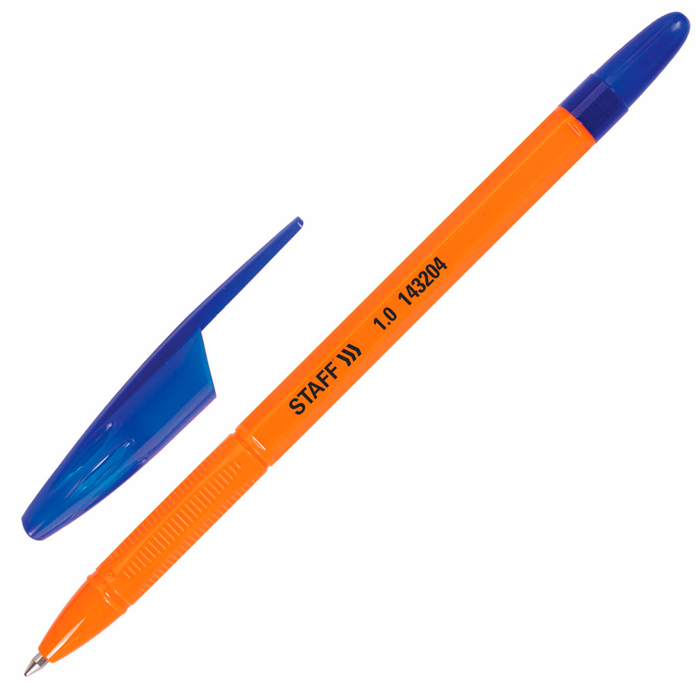 Ручка шарик синий масляная STAFF Basic Х-100 1мм, лин.письма 0,7мм, 143204