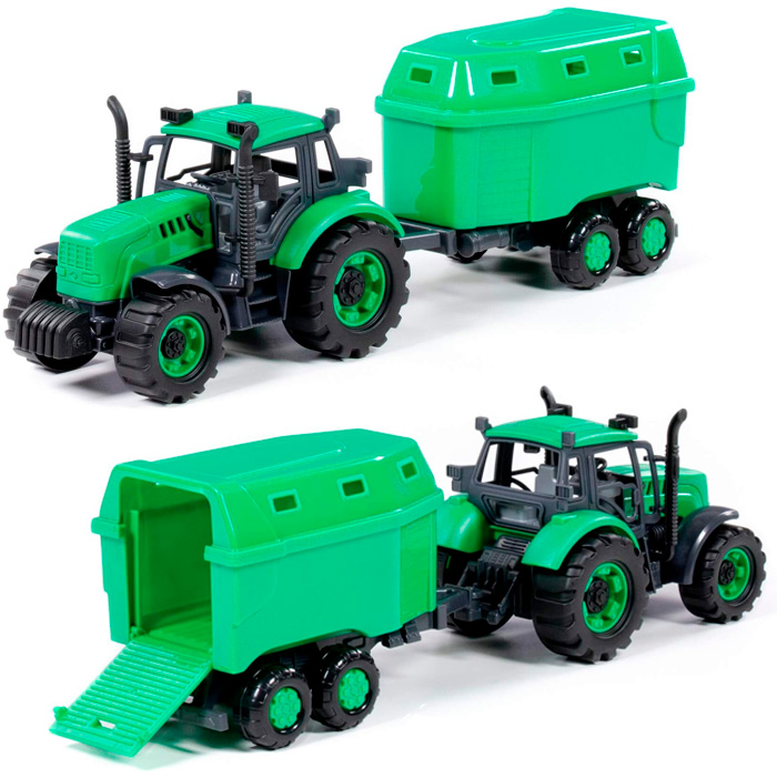 Трактор Прогресс с прицепом для перевозки животных инерционный зелёный в лотке 94643 П-Е