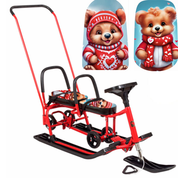 Снегокат 507 высокий SNOWKAT TWINS BABY Wheel для двоих, с 2 склад спинк. П-обр толкат. колёса Медвежонок