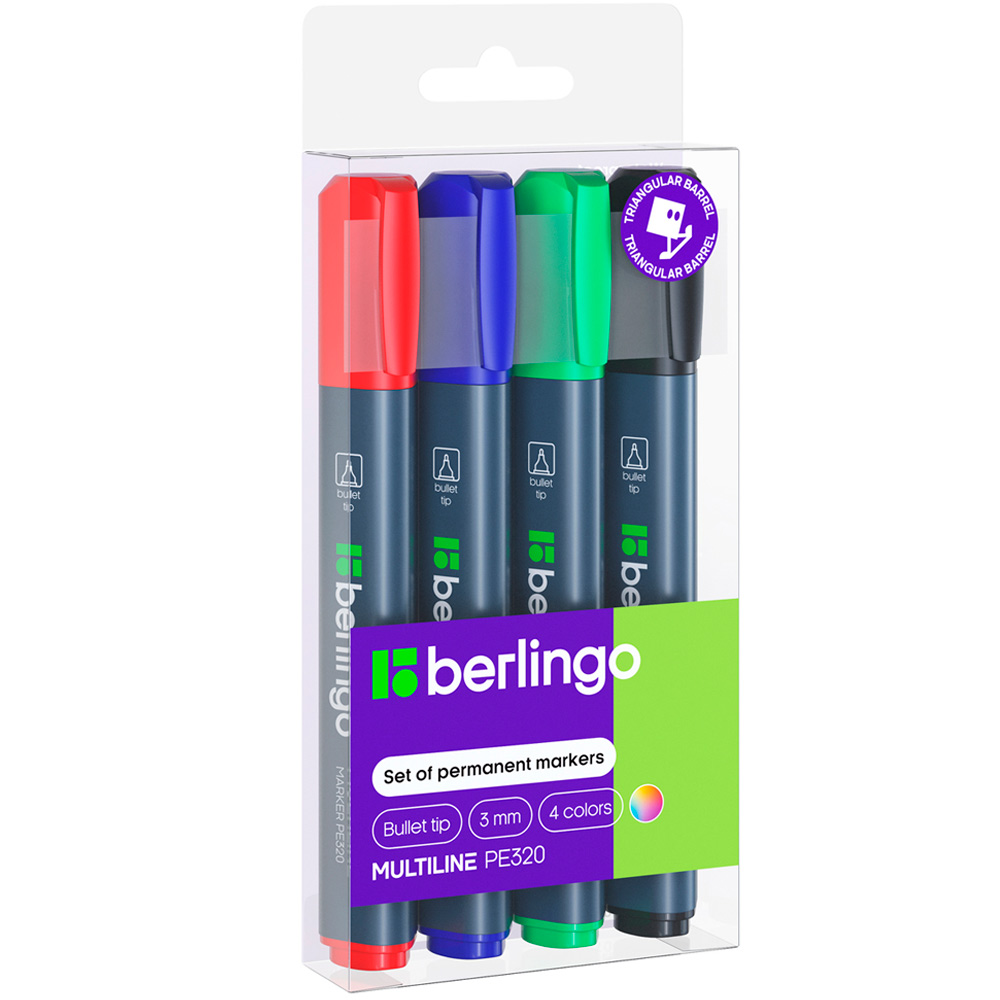 Набор перманентных маркеров Berlingo "MultiLine PE320" 04цв., пулевидный, трехгранный, 3,0мм 312832.