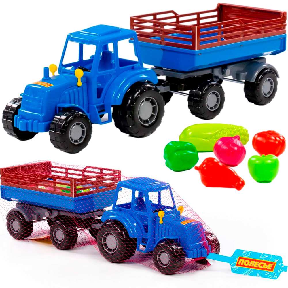 Трактор Мастер синий с прицепом №2 + набор продуктов 6 элементов (в сеточке) 02277 П-Е /6/.